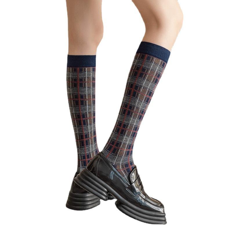 Harajuku Retro Karierte Damensocken Frühling Herbst Baumwolle Kniehohe Socken für Mädchen Damen Weich Atmungsaktiv Schlank Lange Röhrensocken Neu