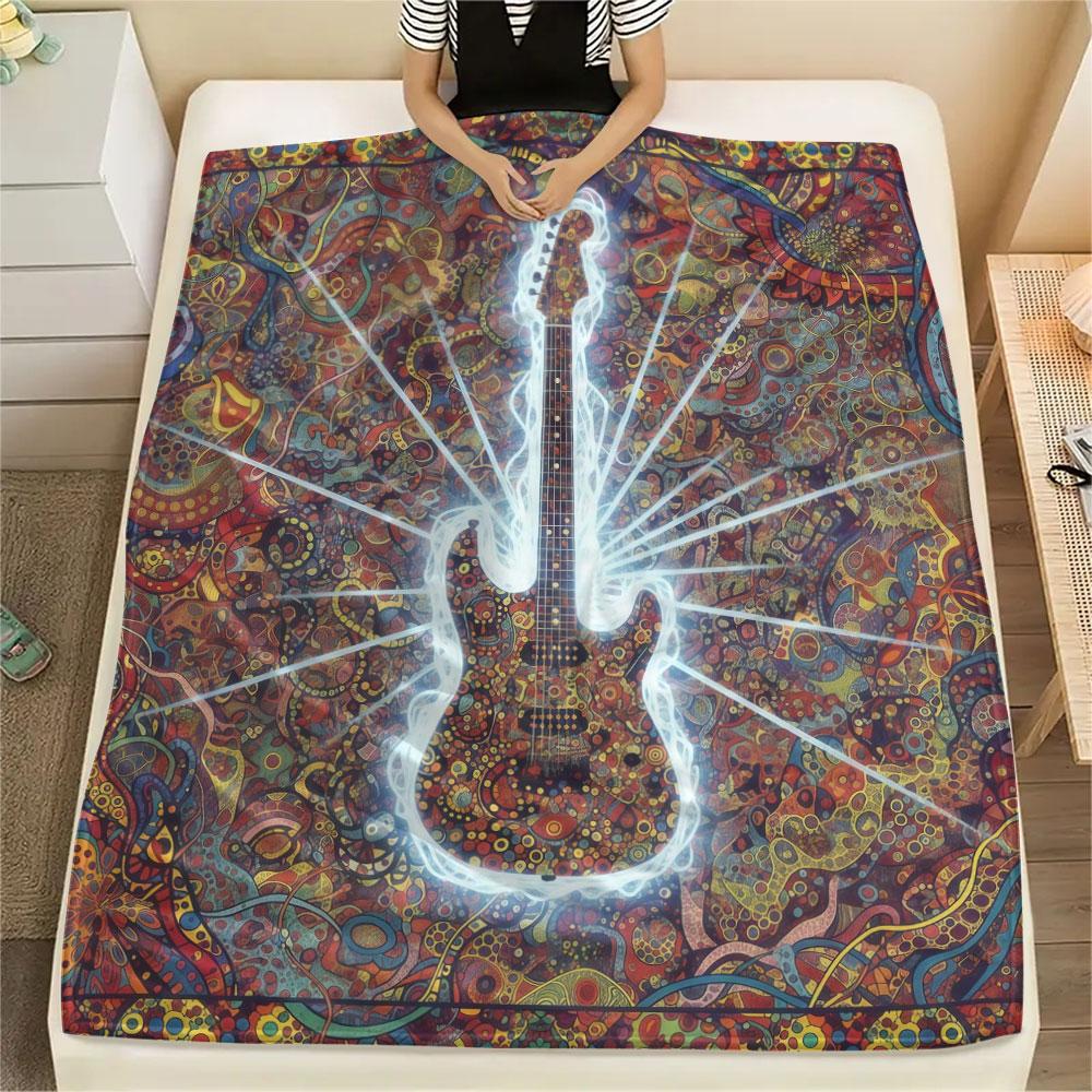 1Pc Vintageguitar Print Flannel Blanket, High quality Comfortable for All Seasons, Home Decor, Warmth and Comfort, Perfect for Christmas Gifts