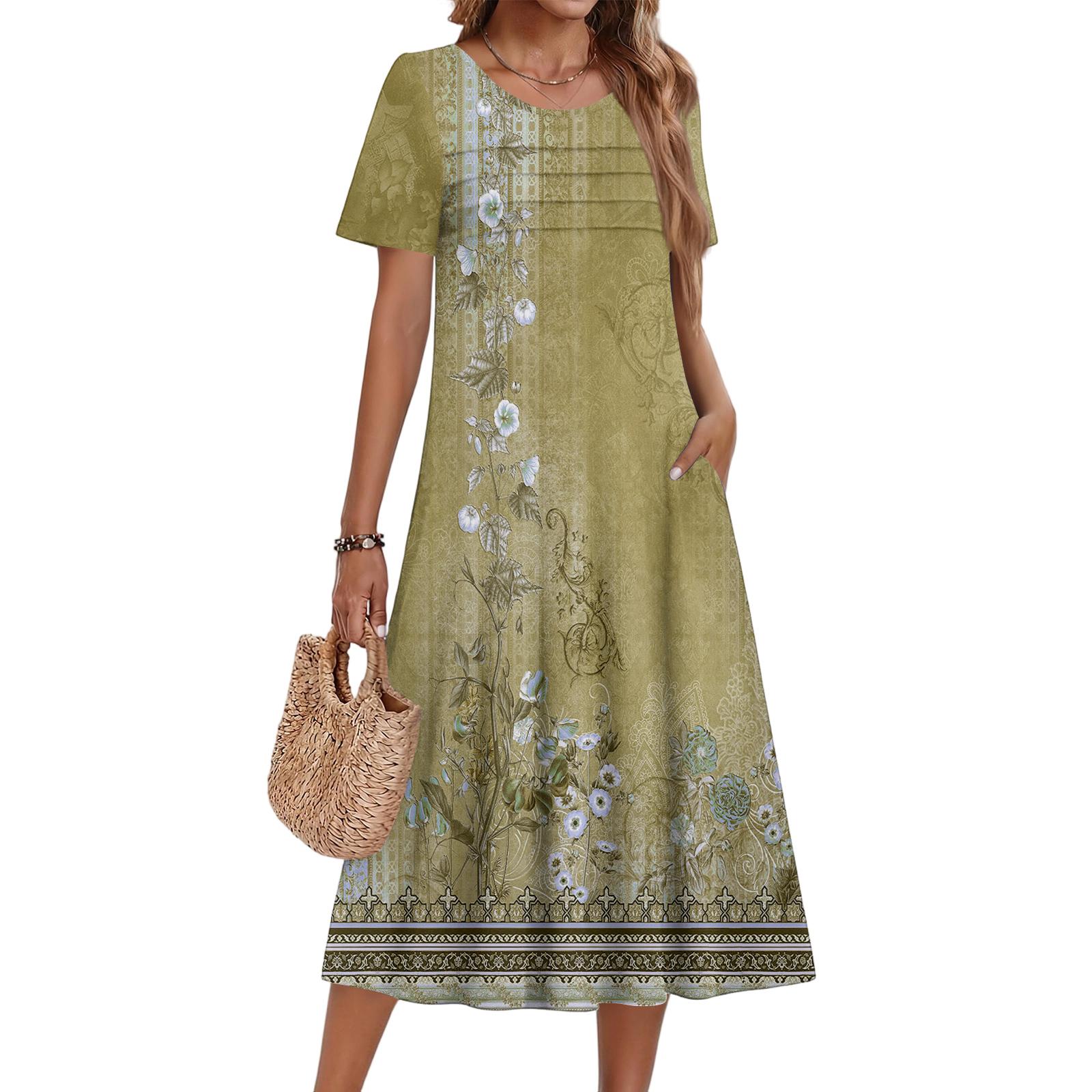 

Ladies Floral Printed Casual And Fashionable Short Sleeved Round Neck Dress S зелений
