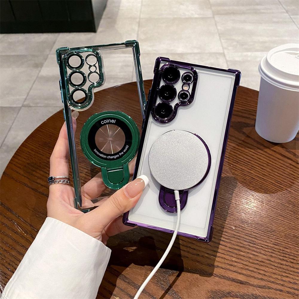 For Magsafe Plating Magnetic Plating Stand Phone Case For Samsung Galaxy S25 S24 S23 S22 Ultra S21 Plus S20 FE Clear Cover Case