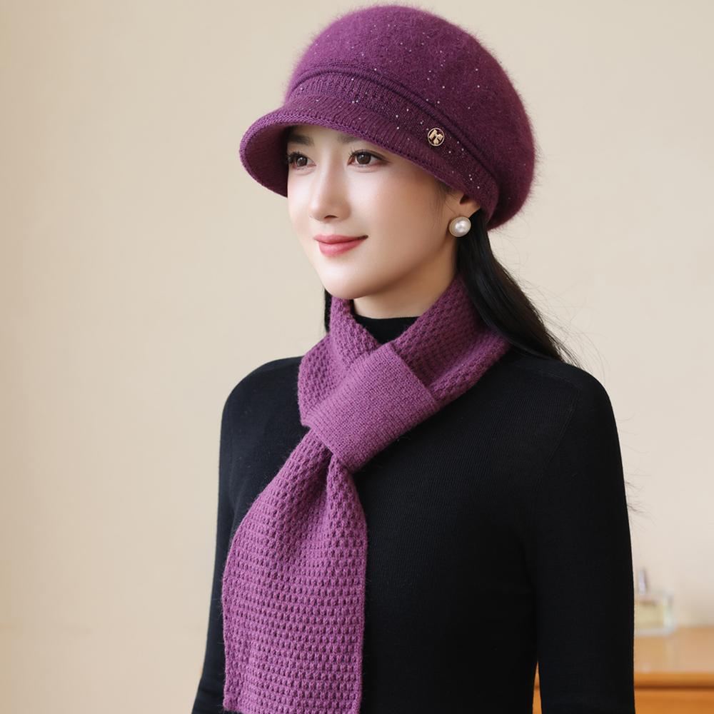New Women Fashion Winter Warm Set K Letter Plush Fur Lined Warm Hats For Women Casual Rabbit Fur Blend Outdoor Dandy Knitted Cap