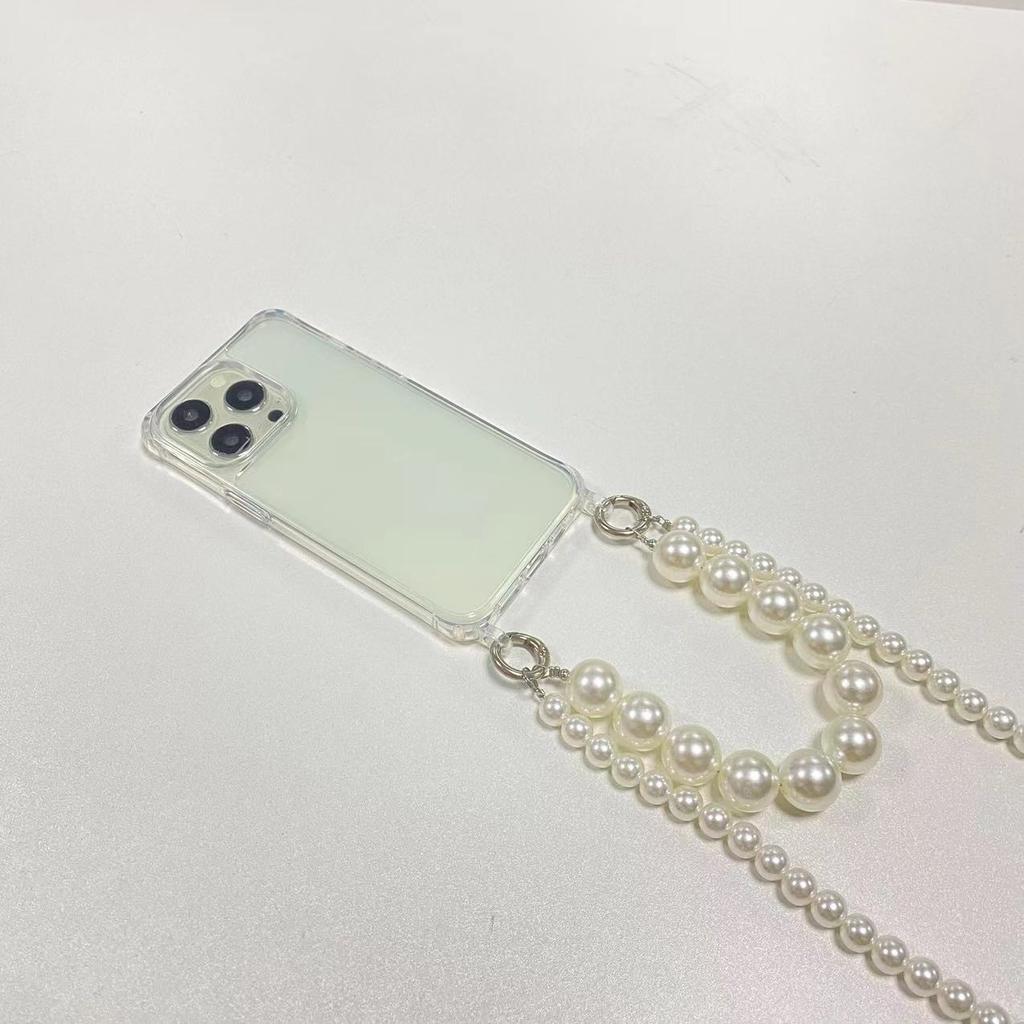 Luxury Fashion Long Pearl Bracelet Chain Transparent Shockproof Waterproof Crossbody Lanyard Phone Case for 11-17 Pro Max
