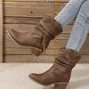 European and American Fashion Medium Tube Fashion Boots Women's Large Size Retro Thick Heel Pleated Foot Sleeve V Mouth Western Knight