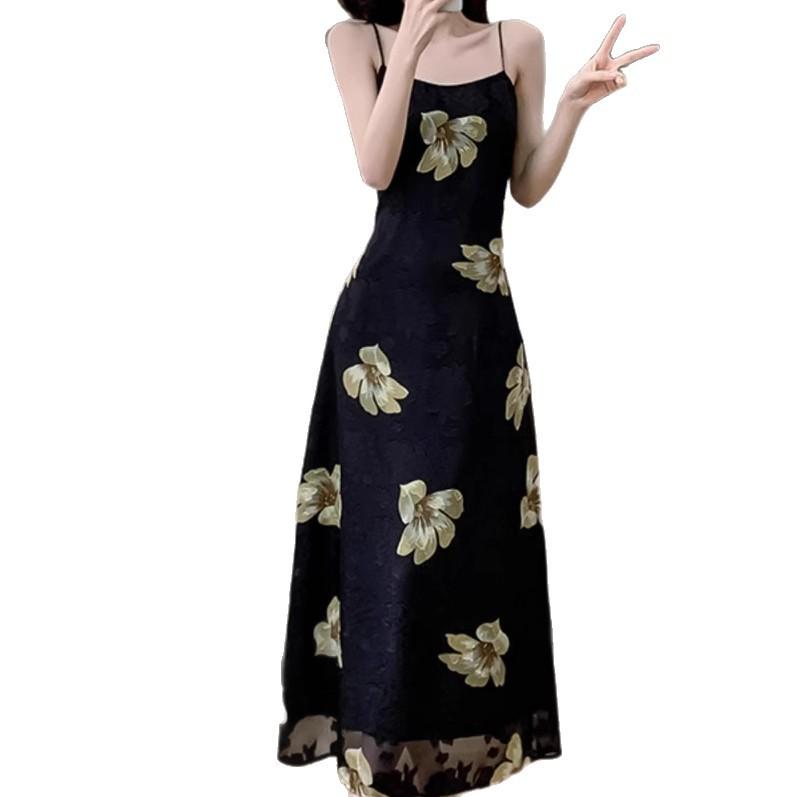 Floral skirt suspender dress chiffon skirt slim waist and thin temperament long dress female summer