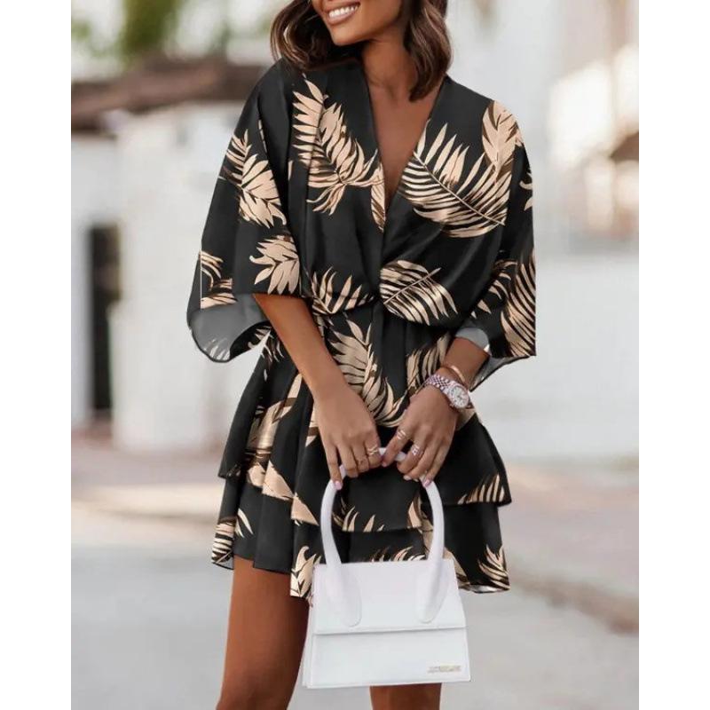 2025 Autumn V-Neck Loose Batwing Sleeve Printed Dress for Women