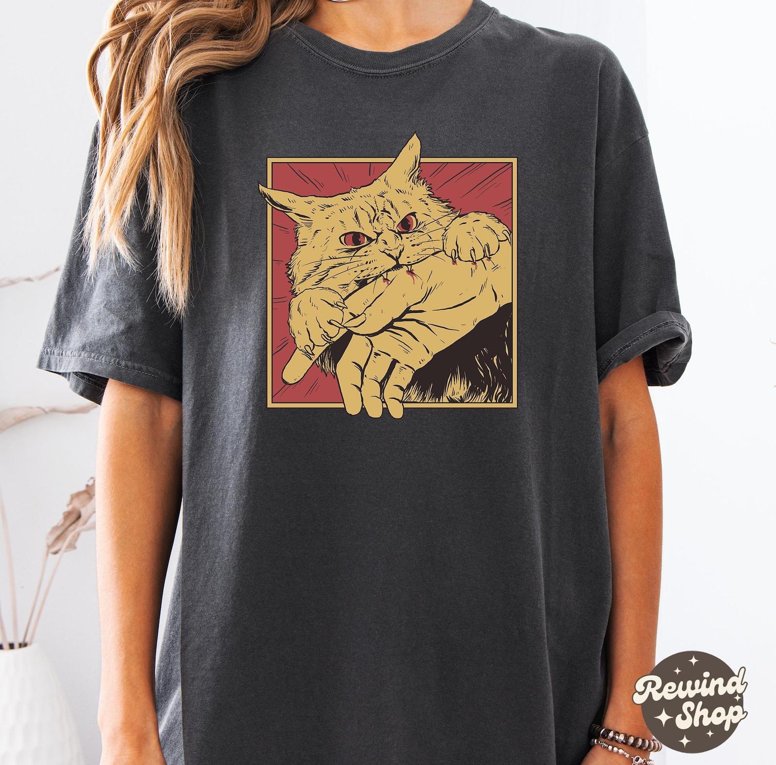 Vintage Cat Bite Shirt, Japanese Horror Anime TShirt, Retro Graphic Tee, Horror Cat Shirt, Cats Crazy Shirts Cool Graphic Unisex T Shirts XL