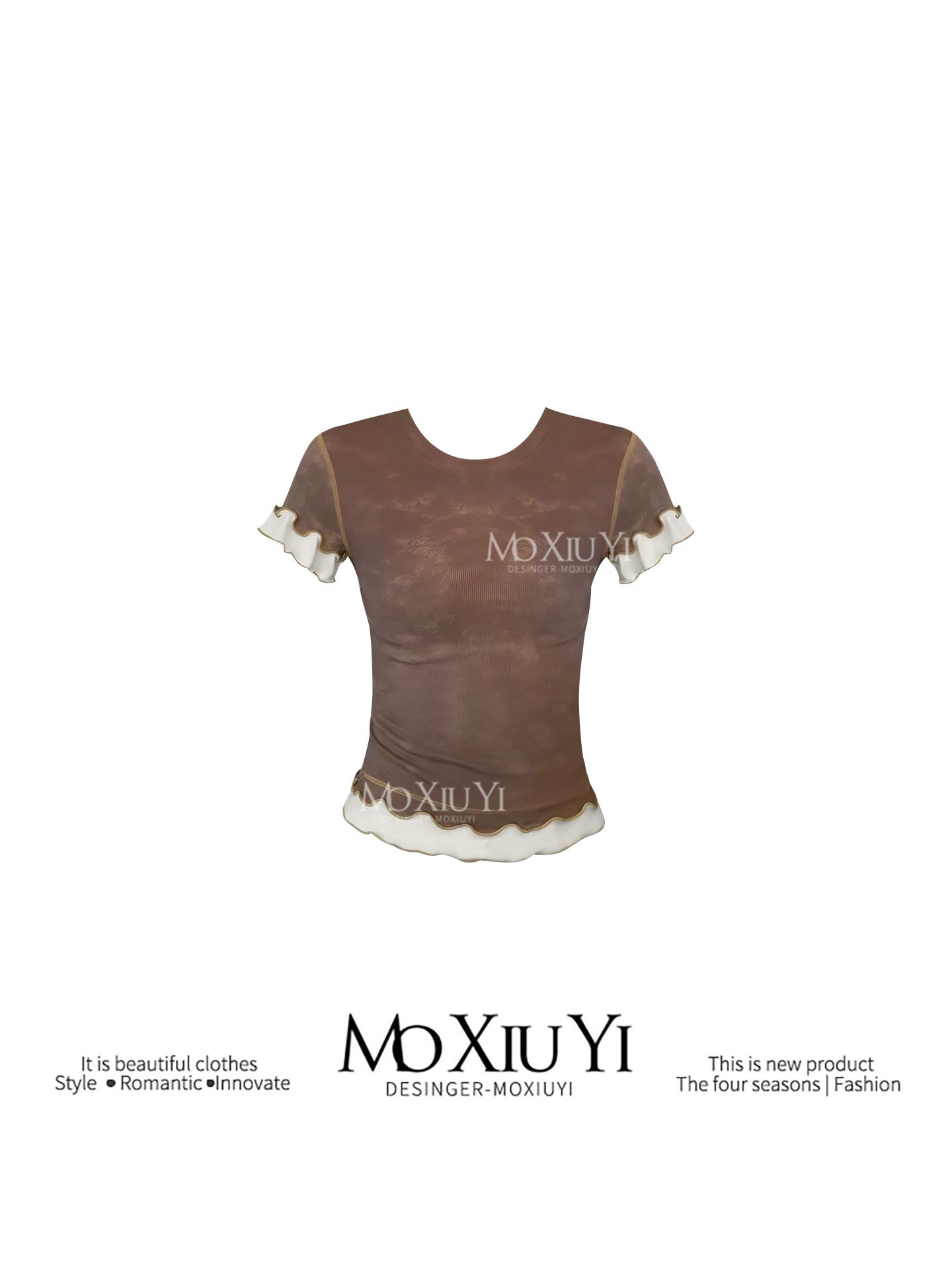 

MoxiuyiFake Two-Piece Textured Lace Short-Sleeve T-Shirt for Women, Summer Regular Shoulder Slim-Fit Short Top S коричневый