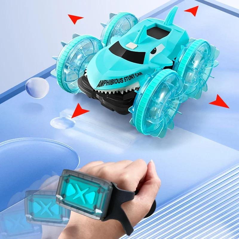 Non-Toxic 2.4G Rc Car Amphibious Vehicle Gesture Sensing Double-Sided Stunt Shark Amphibious Remote Control Cars With Light Toys For Children