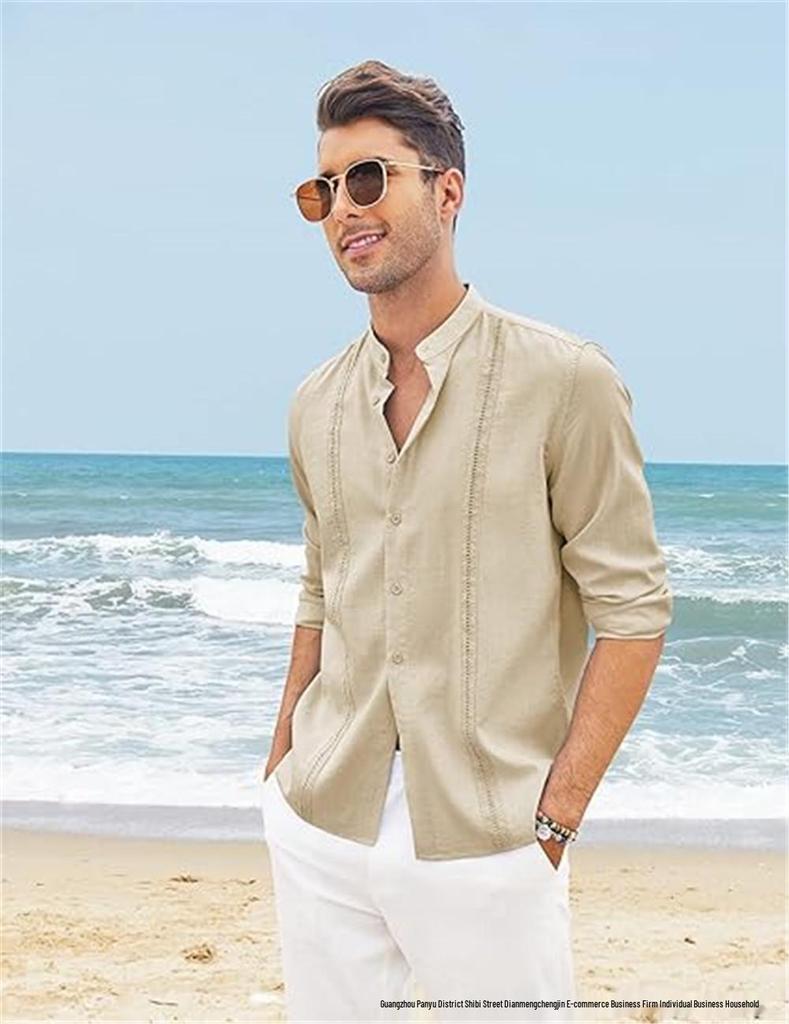 Men's Casual Cotton Linen Stand Collar Shirt - European & American Style for Summer Beach Vacation 2023