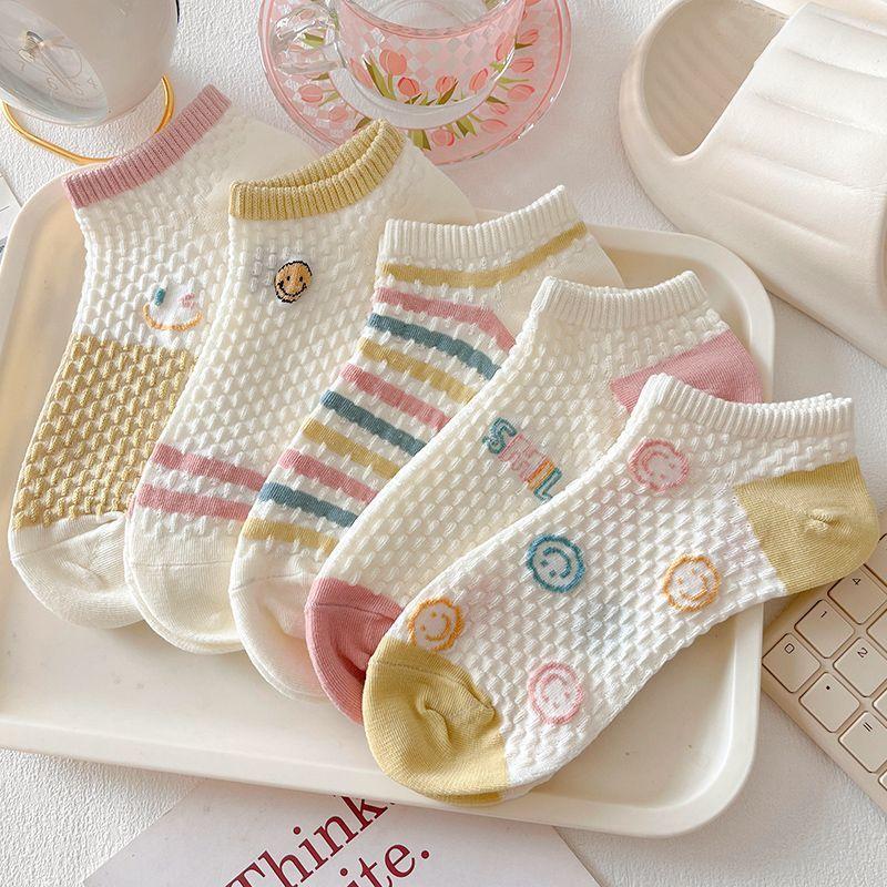 10 Perechi de Șosete Dama Subțiri de Primăvară și Vară, Drăguțe, cu Desen Animat Față Zâmbitoare, Colorate, cu Gură Joasă și Tub Scurt, din Bumbac