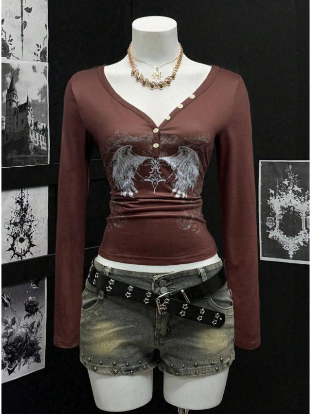 Haut ajusté à manches longues et col rond, imprimé « Spicy Girl » style Y2K