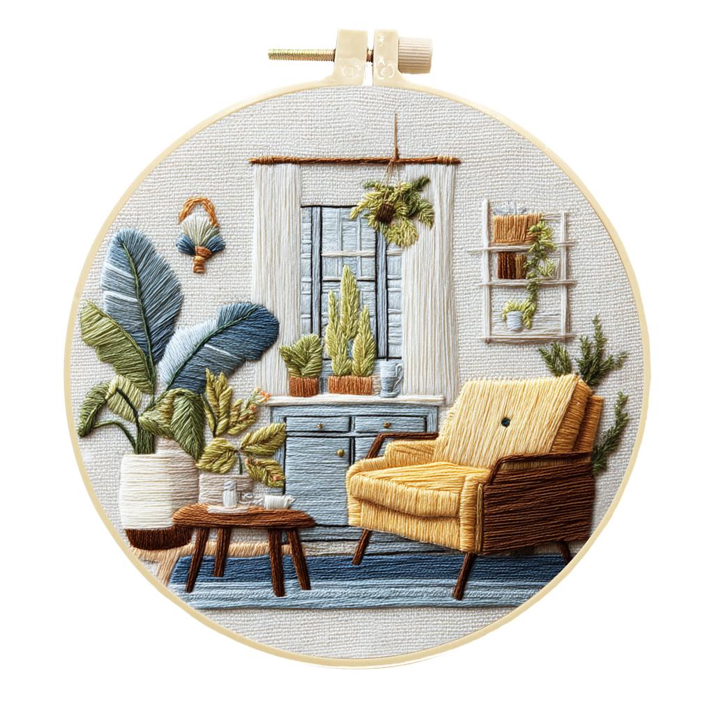 1 Set Cafe Garden Themed Embroidery Kit, Including Tools and Stitch Tutorials Suitable for Beginners, Embroidery Fabric Material Kit Cotton Linen