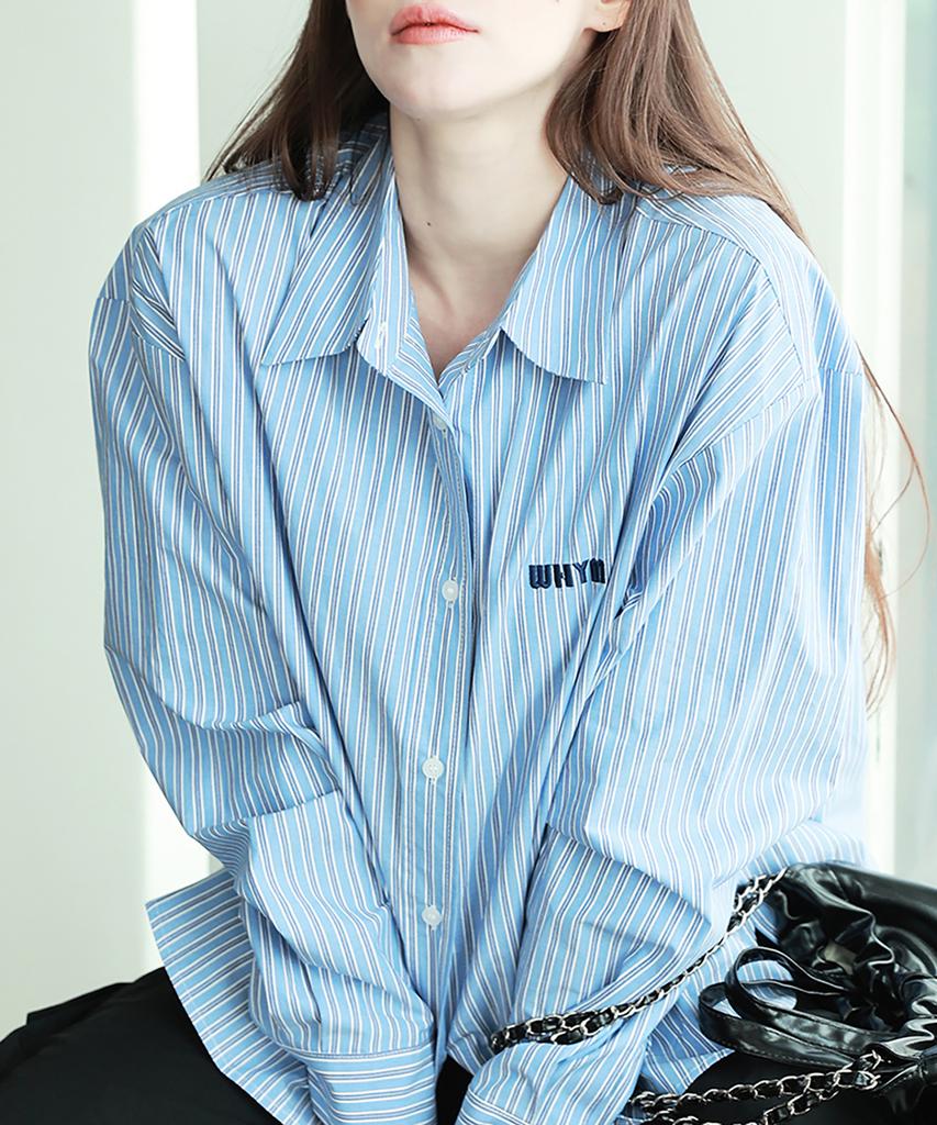WHEN YOU MOVE Logo Stripe Asymmetrical Cotton Shirt Blue