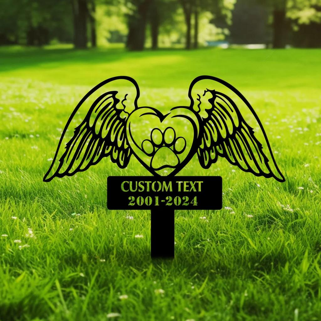 Pet Memorial Garden Stake, Metal Plaque with Angel Wings Paw Print, Grave Marker for Dog Cat, Personalized Gift