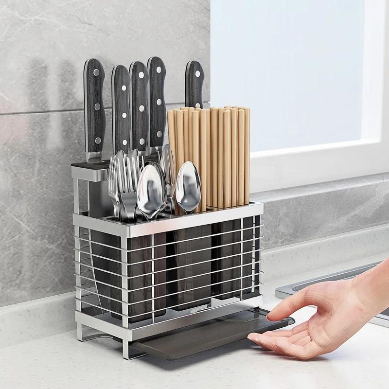 304 Stainless Steel Stand Wall Mounted Kitchen Storage Rack Knife Holder Cutlery Box Organizer Container