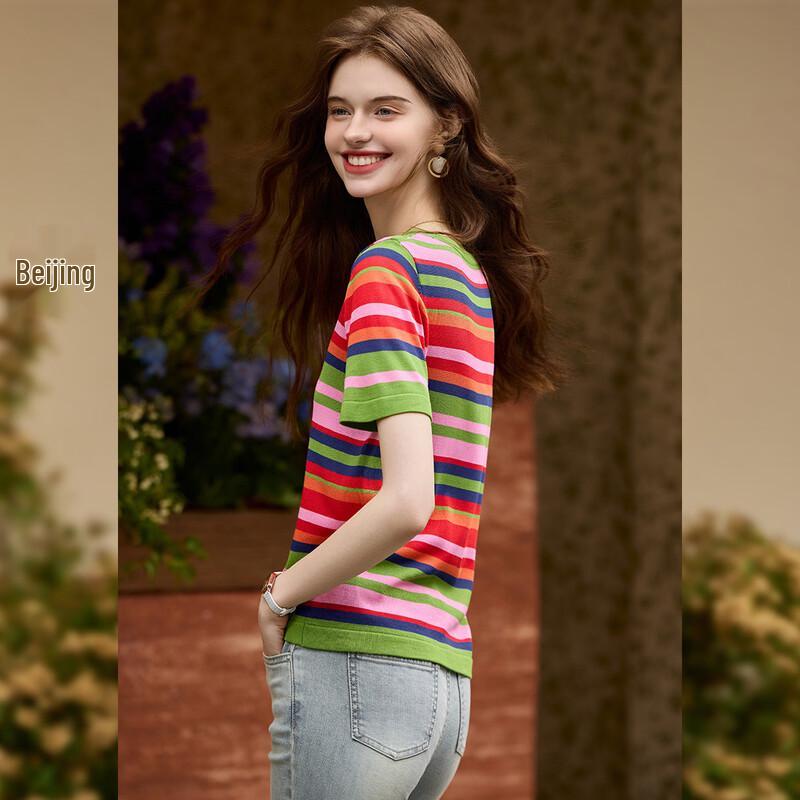 Women's Striped Color Block Knit Short-Sleeve Top