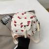 Pink Strawberry Print Corduroy Mini Backpack Cute Small Crossbody Bag With Woven Strap Daily Shopping Fashion Purse