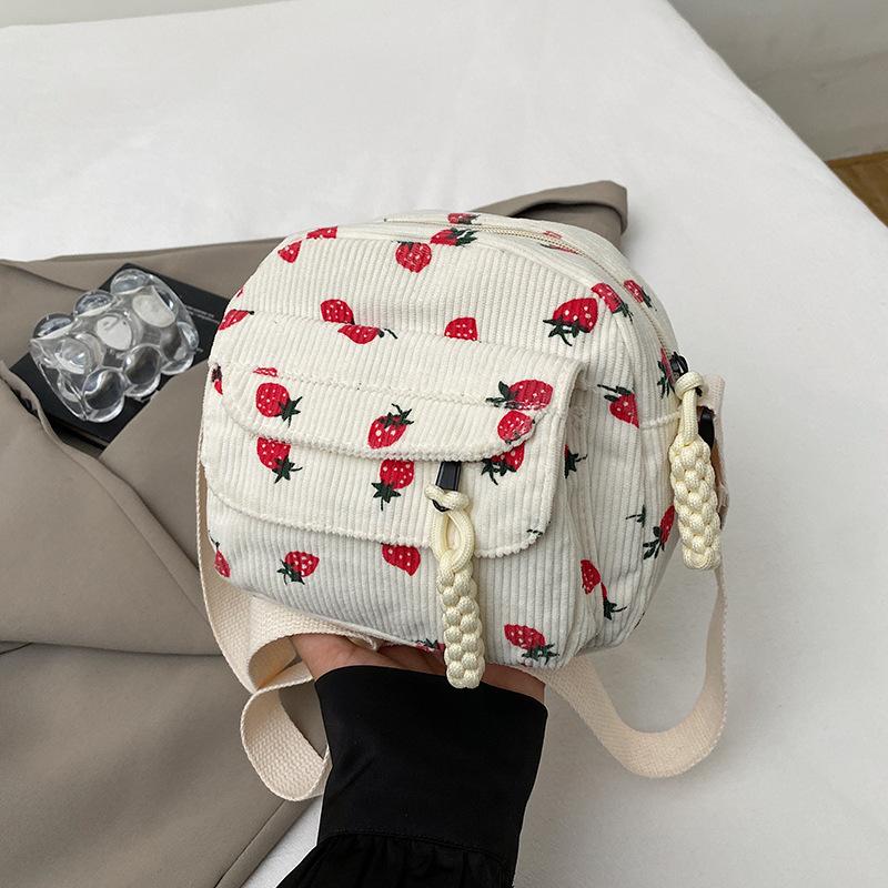 Pink Strawberry Print Corduroy Mini Backpack Cute Small Crossbody Bag With Woven Strap Daily Shopping Fashion Purse