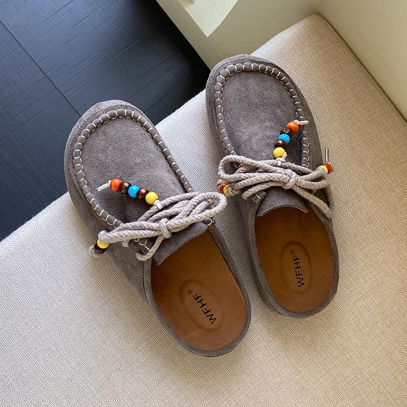 Women's Flat Shoes Cover Toe Slingback Lace-up String Bead One Kick Increased Internal Slippers All-match RetroSuede Women Shoes