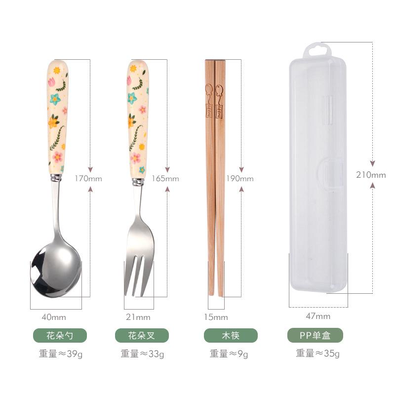 New stainless steel fork, spoon and chopsticks ceramic handle cartoon three-piece set student travel spoon chopsticks portable tableware set