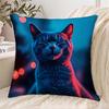 Aesthetic Blue Neon Cat Throw Pillow Cover Decorative Pillowcase Art for Cat Lovers Home Decor Gift 40x40cm