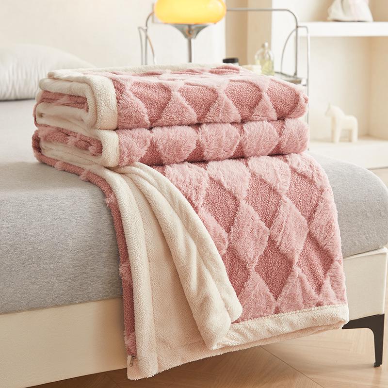 Teddy Velvet and Rabbit Fur Blend Jacquard Double-Layer Blanket