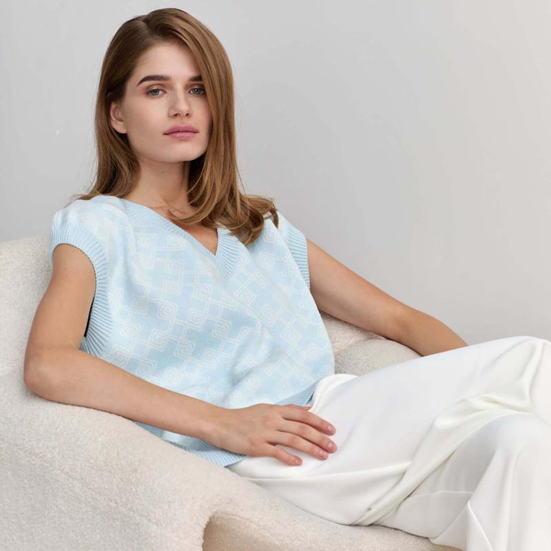 

Женский весенне-осенний свободный вязаный жилет без рукавов с V-образным вырезом и шикарным свитером с принтом L светло-синий