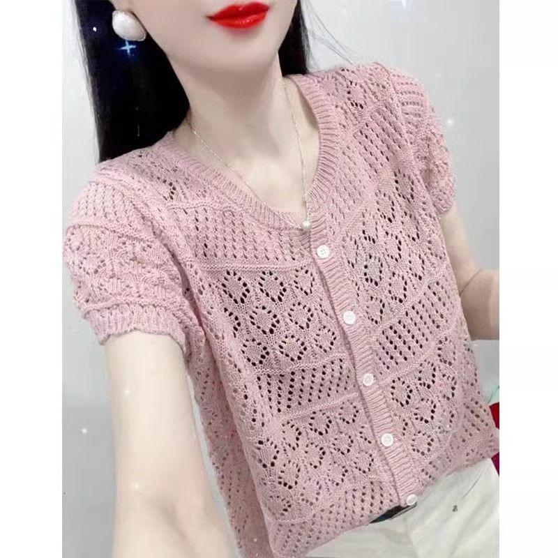 Short-sleeved Ice Silk Knitted Cardigan T-shirt Women's Summer New Thin Design Thin Hollow Blouse Top