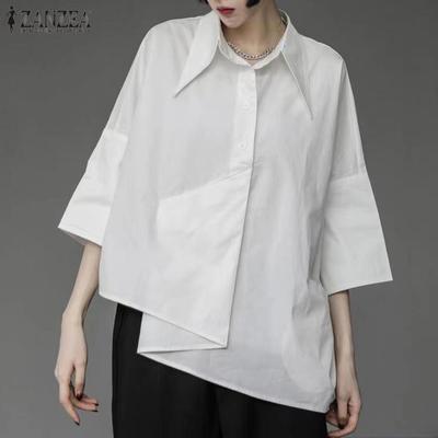 Women Casual 3/4 Sleeve Turn Down Collar Summer Irregular Blouse
