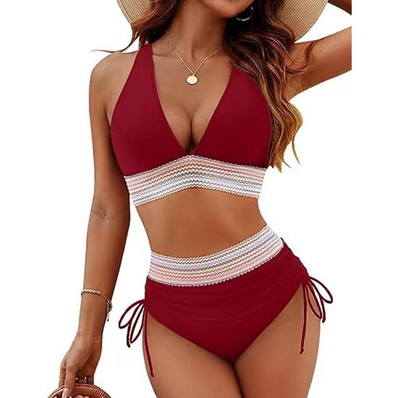 Ensemble Bikini Cordon de Serrage Couleur Unie Mode Taille Haute Séparé Patchwork Maillot de Bain Cordon de Serrage Maillot de Bain Femme Femmes