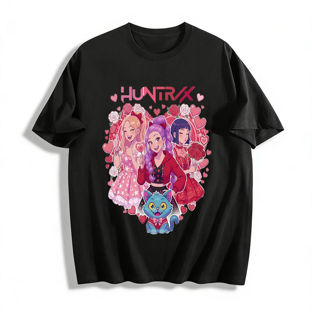 

Valentine s Day HUNTRIX Girl Group Print T-shirt Cute Cat Heart Rose Graphic Casual Tee for Women Pure cotton T-shirt XXS