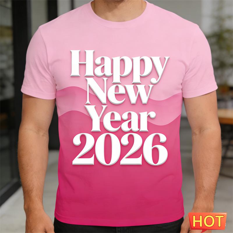 Simple Happy New Year 2026 Letters T Shirts For Men Fashion Crew Neck 3D Printed Short Sleeve Tshirts Loose Streetwear Tees