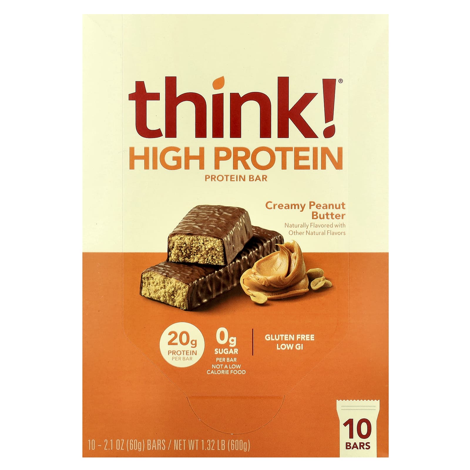 

Think!, High Protein Bar, Creamy Peanut Butter, 10 Bars, 60G (2.1Oz) Each