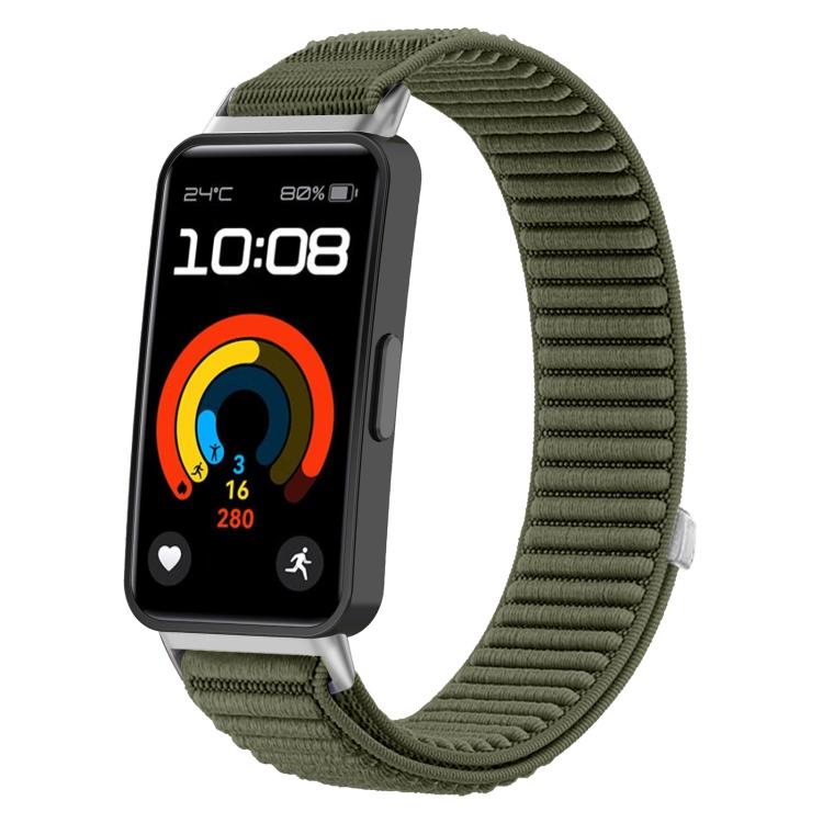 

xDfind Woven Nylon Hook And Loop Fastener Metal Interface Watch Band For Huawei Band 10 / 9 / 8 зелений