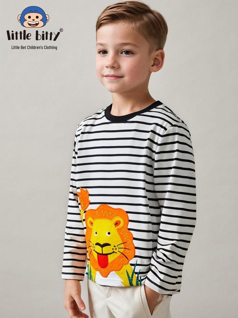 2025 Autumn/Winter Children's Long-Sleeve T-Shirt with Cartoon Lion Embroidery and Floral Design