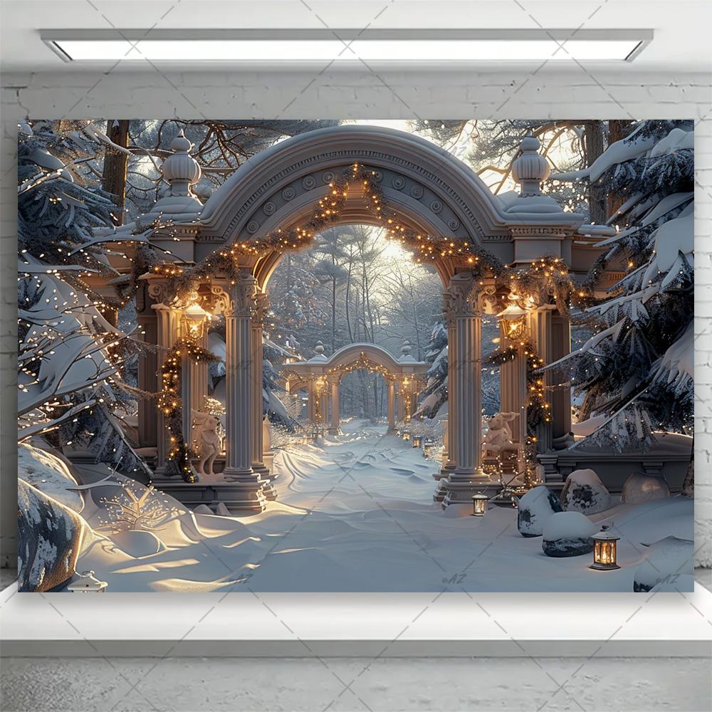 Winter snow scene, white pine forest, artistic background, dreamy glitter bow, family portrait, party decorations4764
