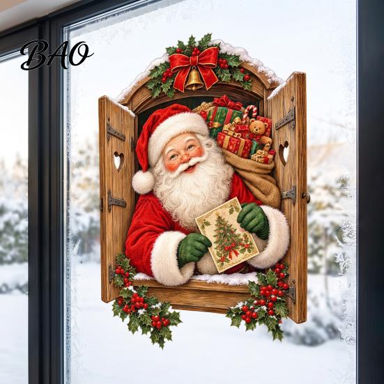 Removable PVC Decals 3D Santa Claus Christmas Wall Sticker, Vintage Through Wooden Window Decal, Decorative Film Peel And Stick Mural Art for Holiday