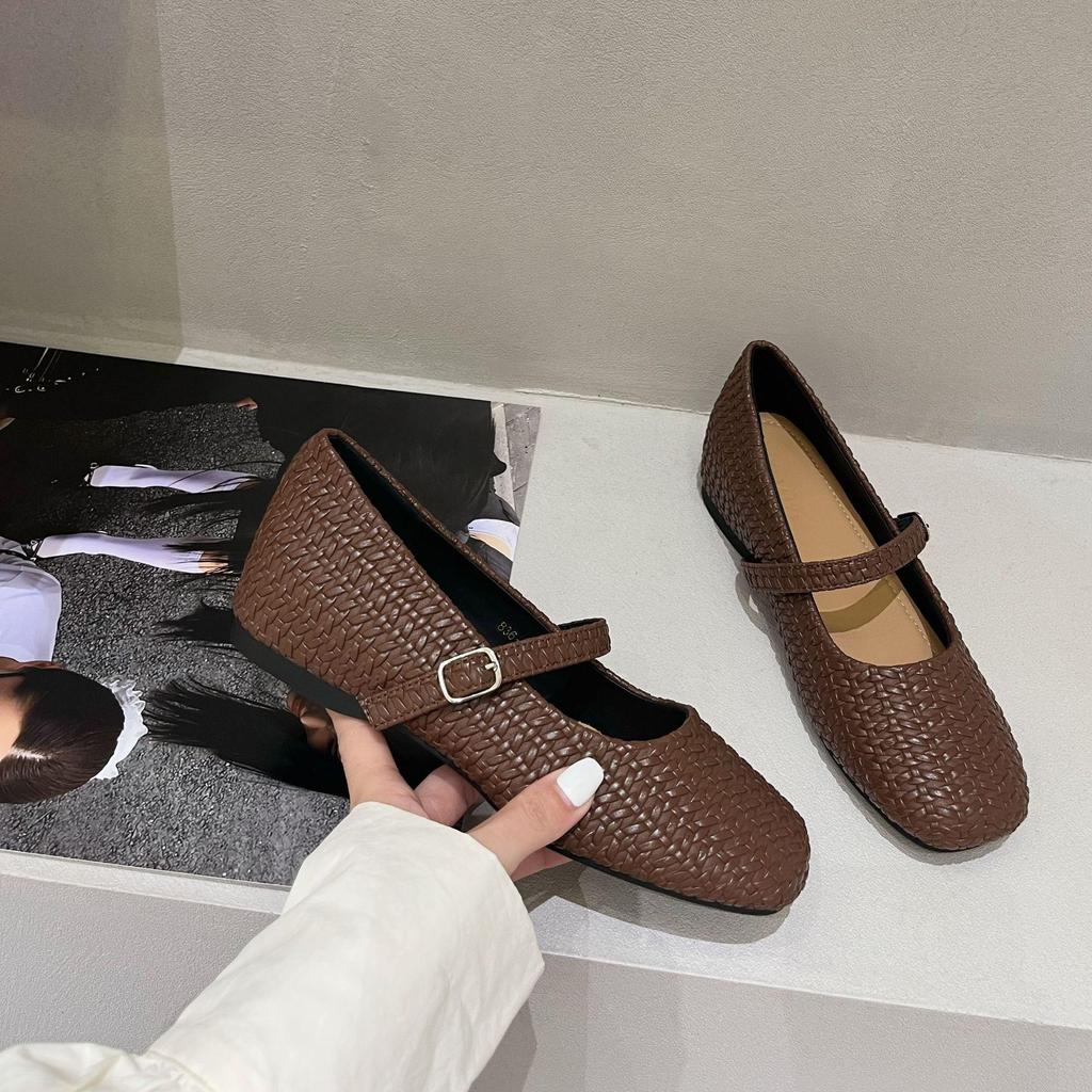 2025 Retro Woven Mary Jane Ballet Flats with Inner Lift, Square Toe, One-Strap Design for Women