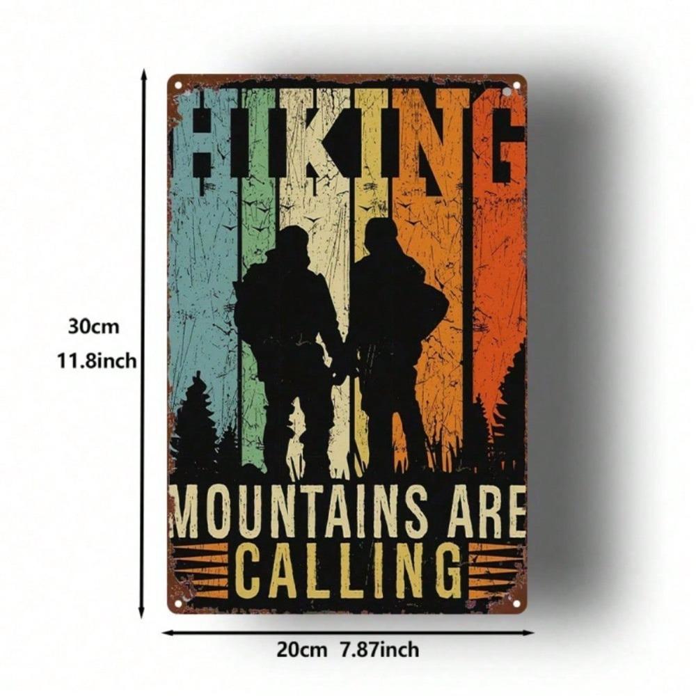 Vintage Mountains Calling Metal Wall Sign Rustic 8x12 Inch Iron Plaque Hiker Silhouette Outdoor Cabin Decor