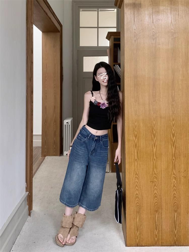 Retro High-Waisted Women's Wide-Leg Cropped Jeans for Summer