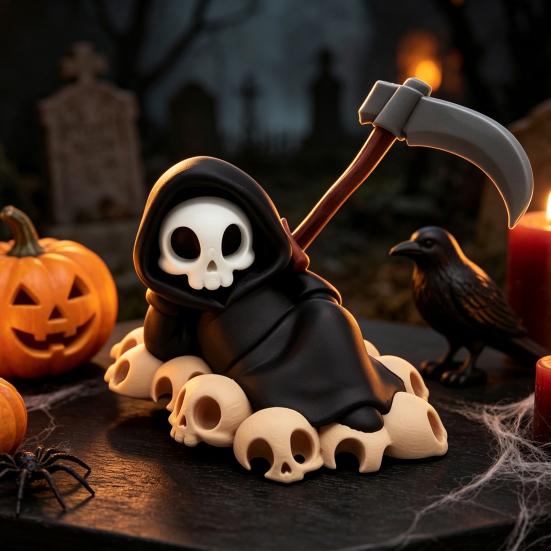 Hochwertige 3D-Drucke 9 Stück Sensenmann-Figuren, Coole Totenkopf-Skelett-Statuen, Gothic Dunkle Halloween Stilvolle Raumdekoration für Schlafzimmer