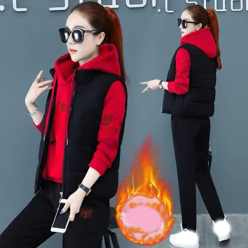 Women's Winter Autumn Thick Vest + Warm Outfit Loose Hooded Tracksuit + High Waist Pant Suits Plush Lined Sweatshirts Women 3 Pieces Sets
