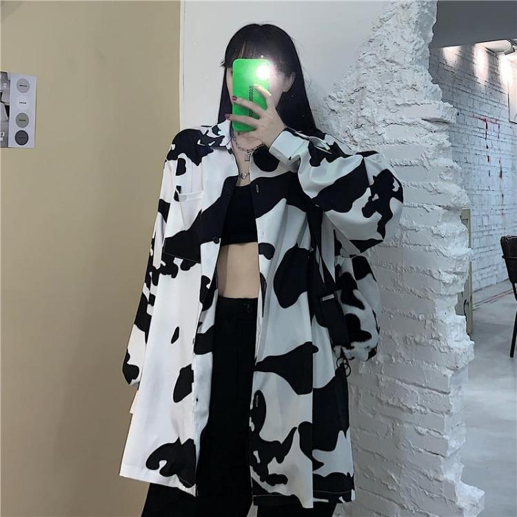 

Korean Vintage Cow Print Blouse Women Autumn New Fashion Long Sleeve Shirt Casual Street Loose Top Plus Size Female Lady One Size