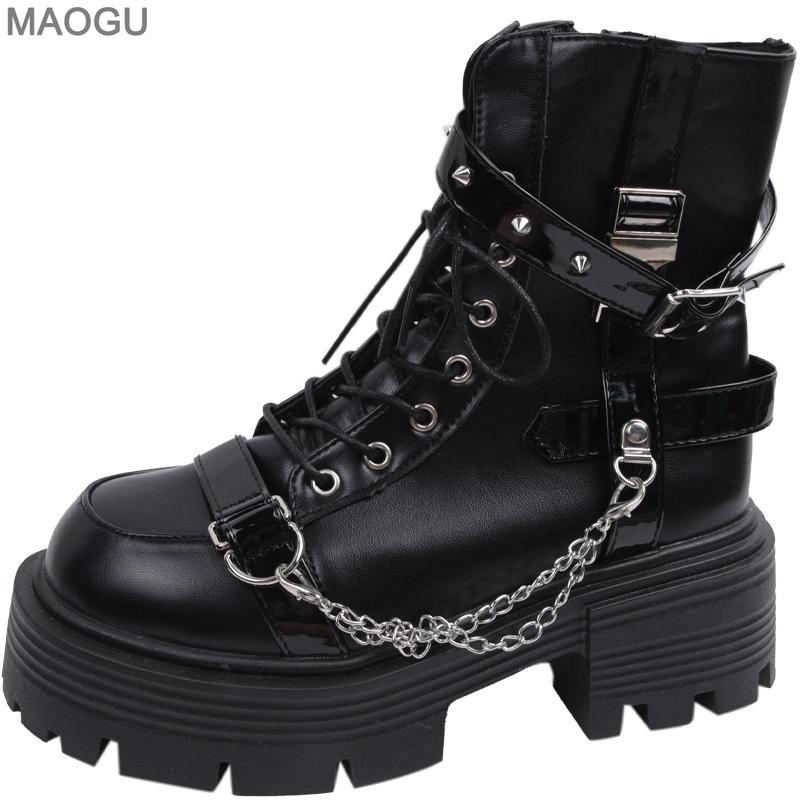 

Chunky Platform Short Boots for Women Black Buckle Strap Chain Ankle Boots Gothic Lace Up Side Zip Bottes Femmes Street Style 35 чёрный