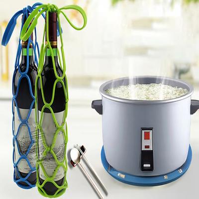 Silicone Wine Carrier Bag Multi-Use Storage Bag Drink Holder Mesh Coaster Kitchen Basket with Handle for Wine Bottle Fruits Hot Dishes