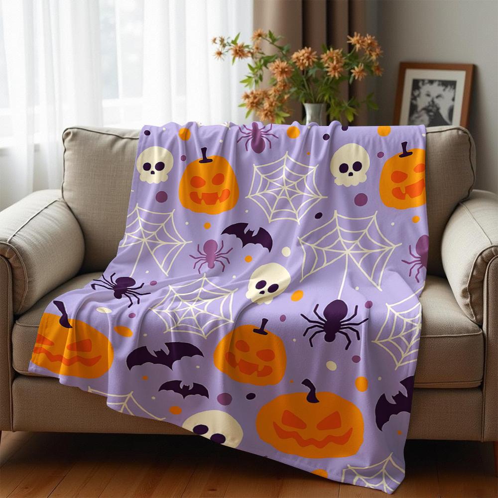 Lilac Spooky Pumpkin Bat Cartoon Anime Print Flannel Blanket Soft Warm Throw for Kids Bedroom Sofa Christmas Office Car