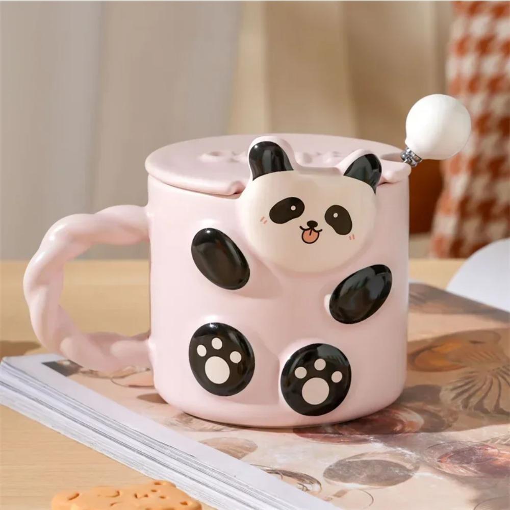 Pandamønster keramikkkopp med lokk og skje Kaffe Juice Yoghurtkopp Frokost Havregryn Melke Te Krus Kontor Vannkopp Jentegave