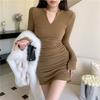 Autumn high-end women's clothing cold wind Spice girl pure desire V-neck hip-wrapped dress, small waist and thin short skirt