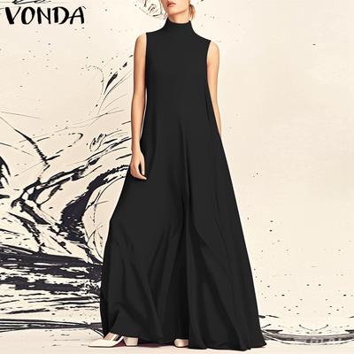 VONDA Women Summer Stand Collar Sleeveless Solid Color Dresses