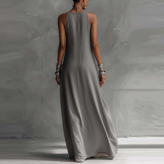 Damen Langes Fließendes Tanktop Seitenschlitz Rundhalsausschnitt Ärmellos Maxikleid Sommerlich Lässig Strand Sonnenkleid mit Taschen